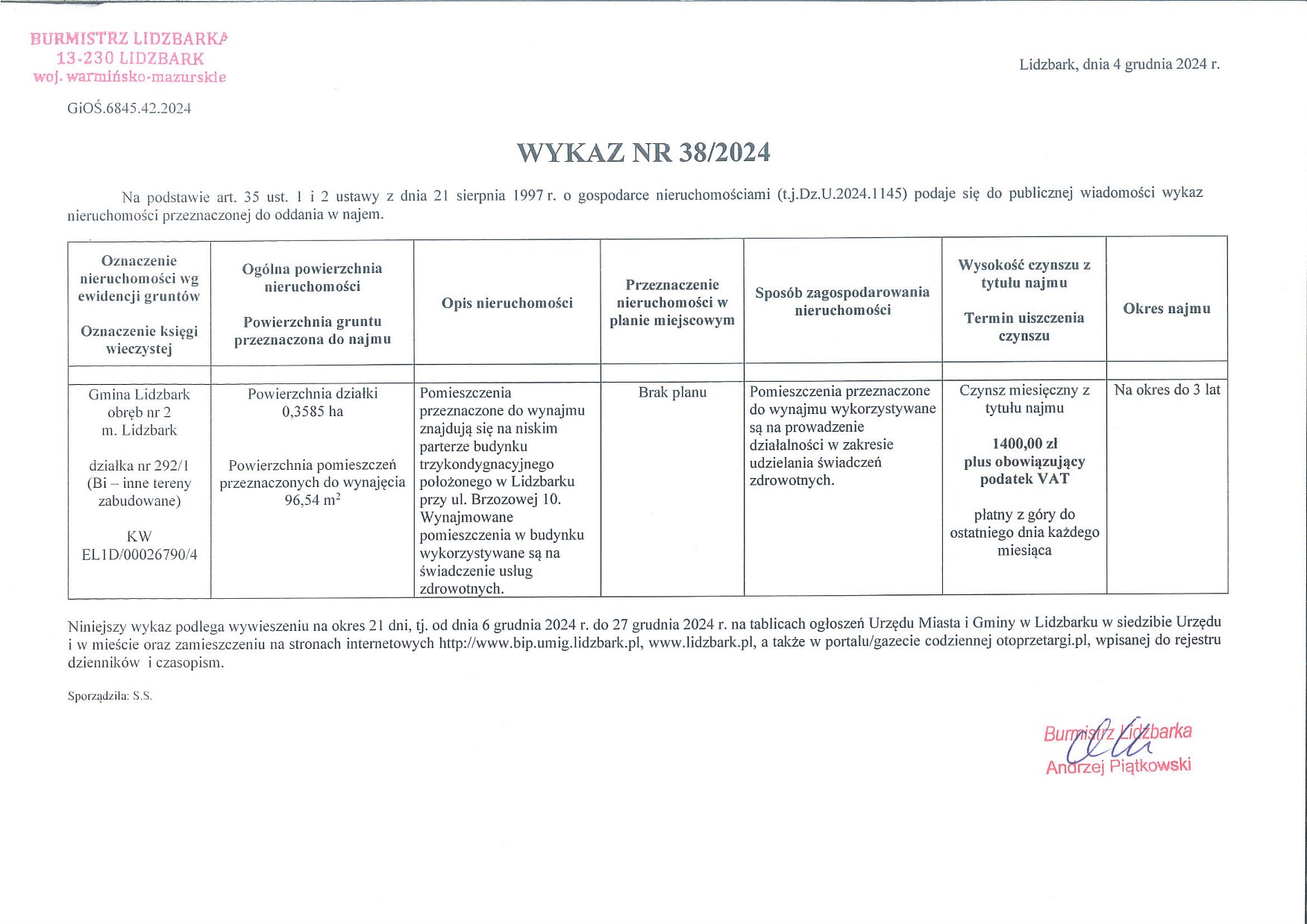 Wykaz Nr 38/2024 - Nieruchomość przeznaczona do oddania w najem - obr. 2 m. Lidzbark dz. nr 292/1, ul. Brzozowa 10